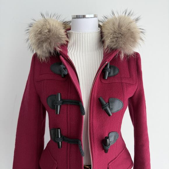 Burberry Brit Blackwell Coat Womens 8 Pink Wool Duffle Toggle Hooded Fur Trim - Picture 10 of 16